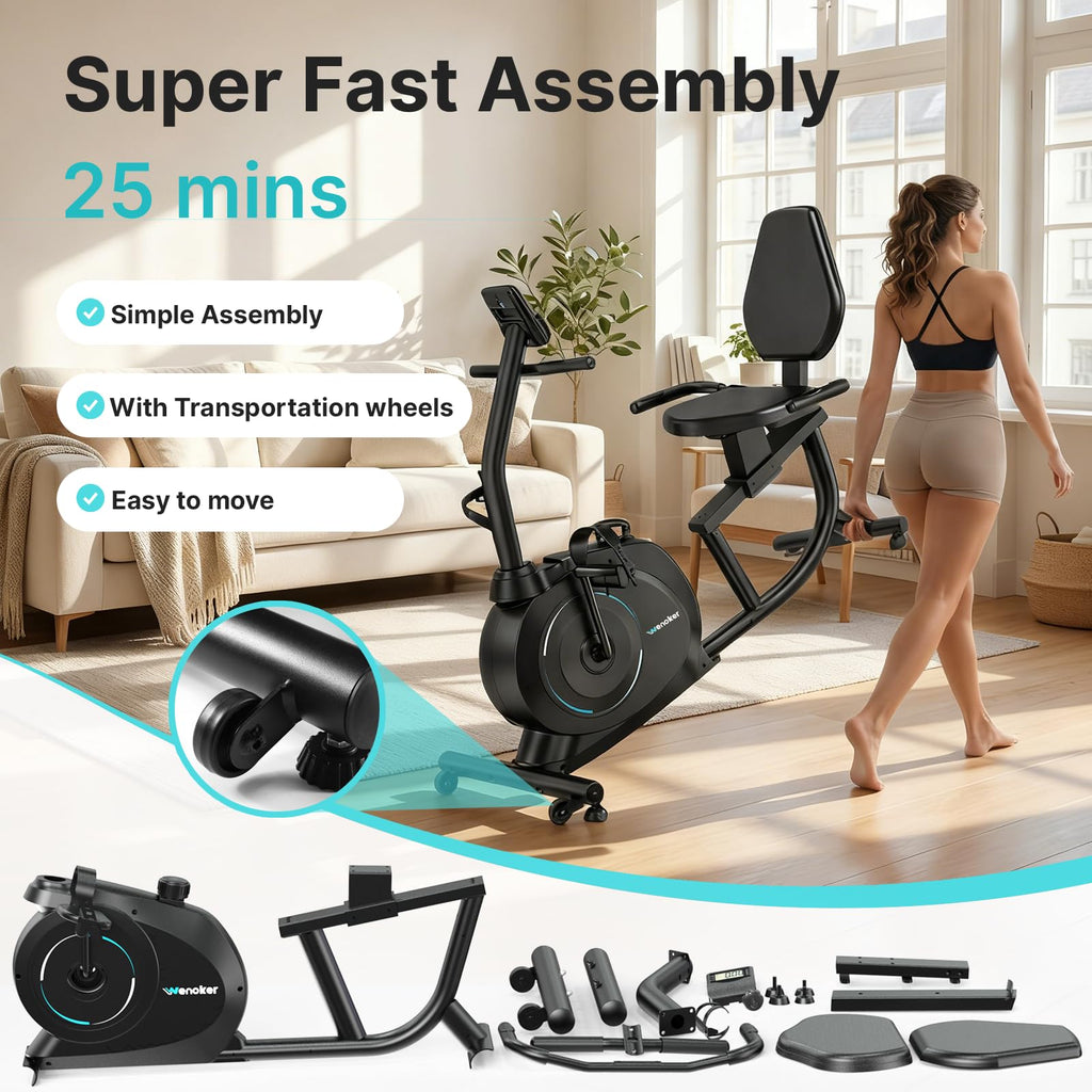 Wenoker Recumbent Exercise Bike for Home, Quiet Magnetic Stationary Bike with Bluetooth APP Connectivity, 15-Level Magnetic Resistance, Adjustable Seat, LCD Monitor, Indoor Cycling Bike, 350 LB Capacity