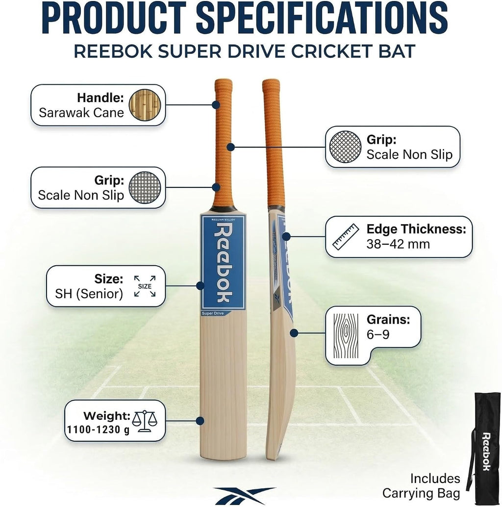 REEBOK Super Drive (, Leather Bat) SH Kashmir Willow Cricket Bat for 15+ Yrs (1100 g) Bat Grip and Sticker May Vary Based on Availability