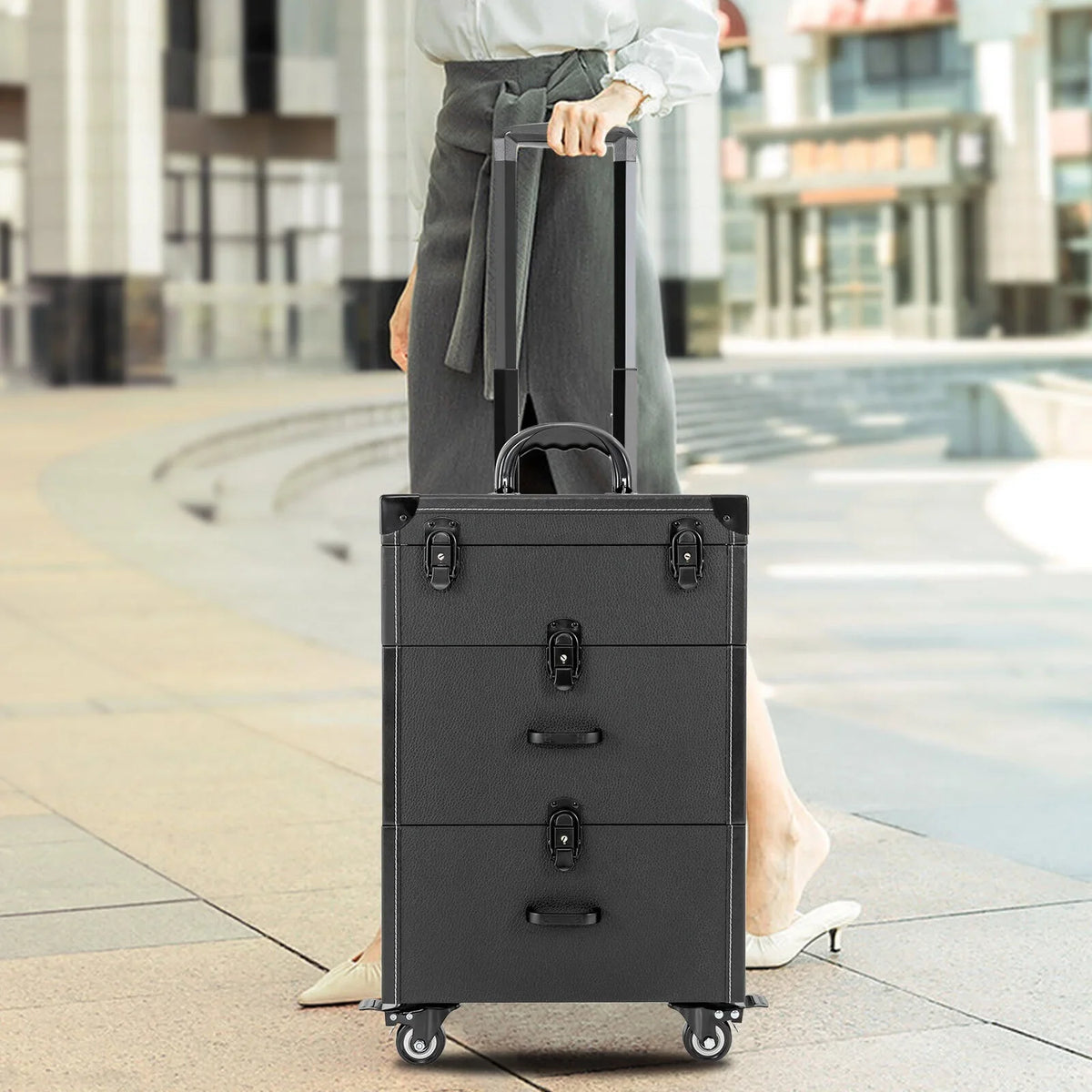 ZhdnBhnos Makeup Train Case Rolling Cosmetic Trolley Nail Polish Sizetorage Organizer Luggage Box w/ 4 Wheels & Lock (Black)