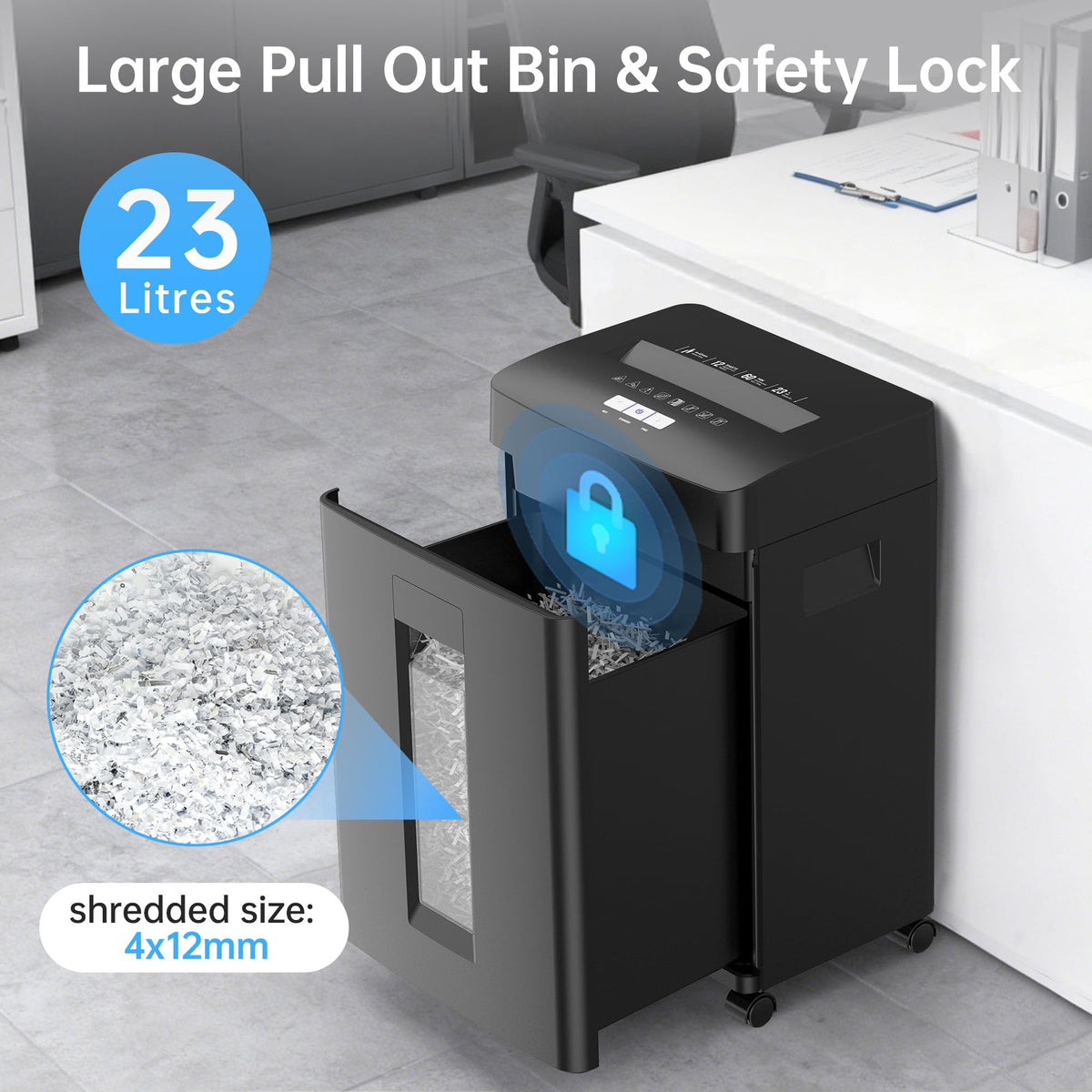 Locksworth 110-Sheet Micro Cut Shredder for Home Office, 6.9 Gallons Bin P-4 High Security Paper Shredder for Credit Card, Staple, Clip, Heavy Duty Commercial Shredders with Casters