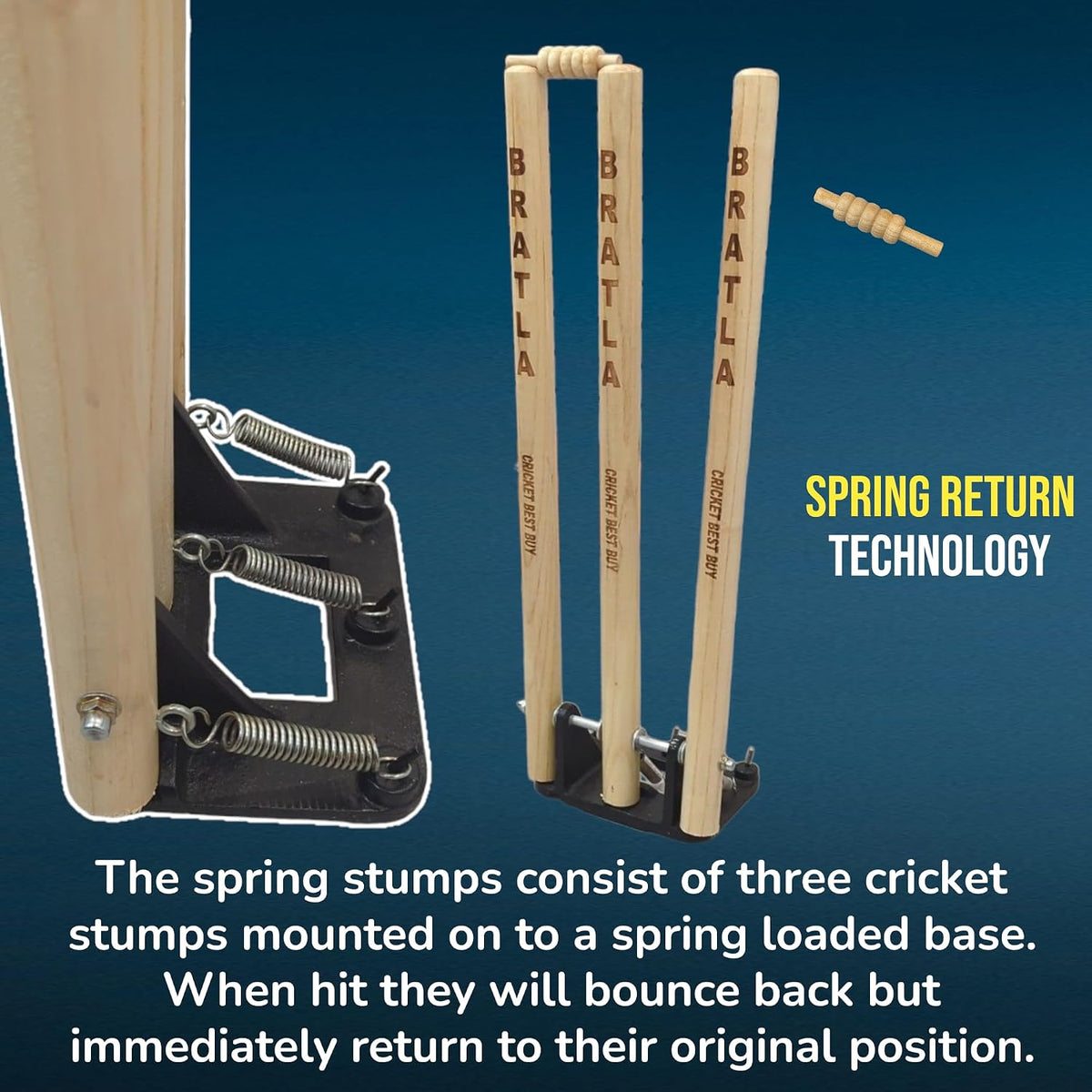 CBB Cricket Spring Return Stumps Wickets Metal Base Multi Surface Placement (Set of 2)
