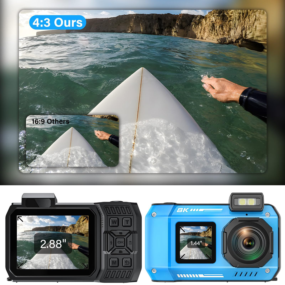 8K Underwater Camera, 33FT Waterproof Camera, 70MP WiFi Dual-Screen, Rugged