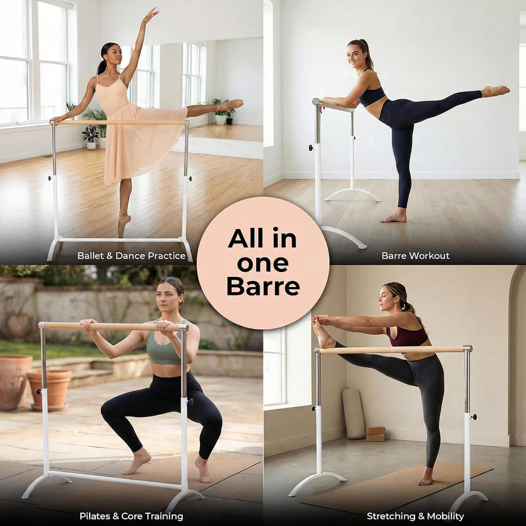 Ballet Barre Portable for Home or Studio, Freestanding Adjustable Bar for Stretch, Balance, Pilates, Dance or Active Workouts, Single or Double Bar, Kids and Adults