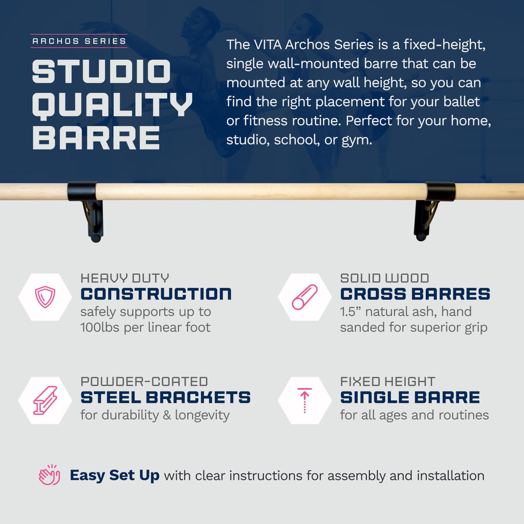 VITA Barre Wall-Mounted Single Ballet Barre, Archos, Wood | Fixed Height, Made in USA, Home, Studio or Gym Exercise Equipment for Kids & Adults | Dance, Fitness, Pilates