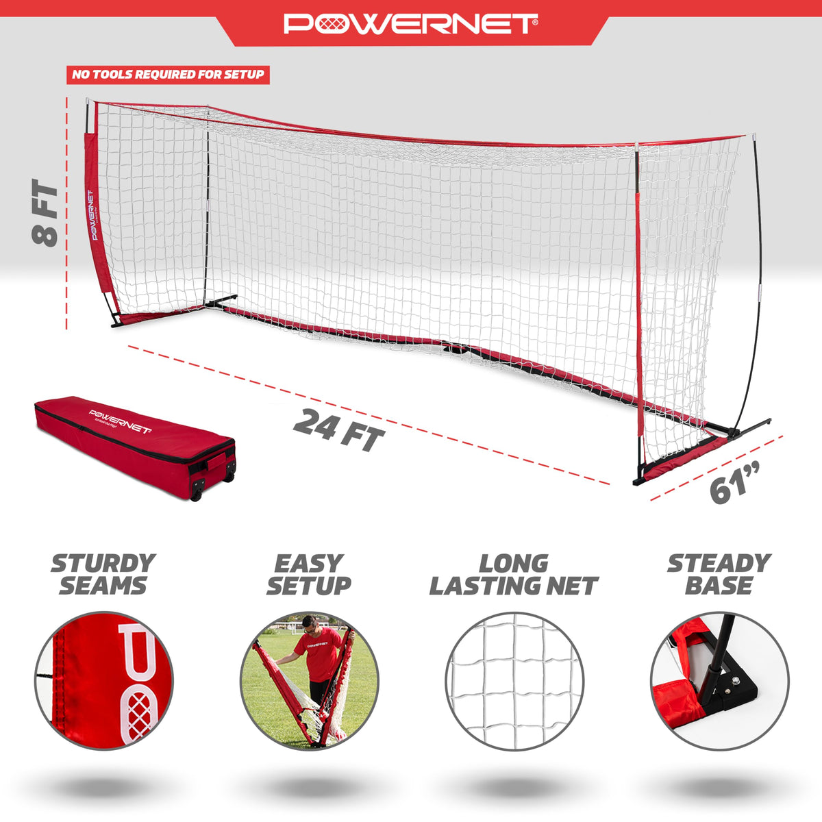PowerNet Soccer Goal for Backyard, 3Mx2M / 6x4 / 8x4 / 12x6 / 14x7 /18.5x6.5 / 21x7 / 24 x 8 Portable Soccer Net, Sports & Outdoors Training Equipment, Quick Setup 1 Goal & Zipper Storage Bag