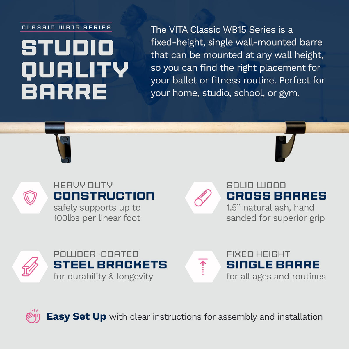 VITA Barre Wall-Mounted Single Ballet Barre, Classic WB15, Wood | Fixed Height, Made in USA, Home, Studio or Gym Exercise Equipment for Kids & Adults | Dance, Fitness, Pilates