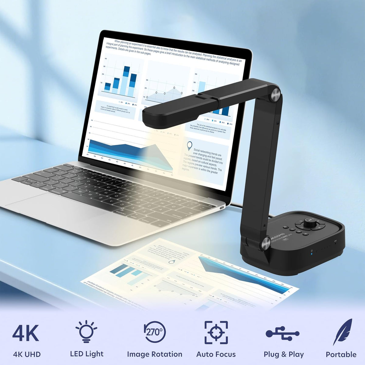 QPC100S 4K USB 13MP Portable Document Camera, with Mic, LED Light,Auto Focus, HDMI/USB Plug and Play, Compatible with Mac OS, Windows, Chromebook Compatible for Live Demo and Document Scanning