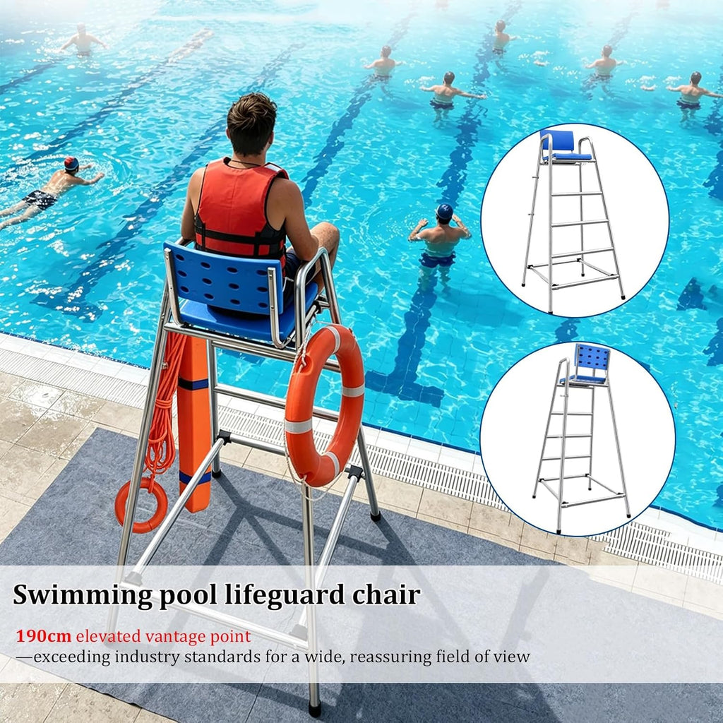 Stainless Steel Lifeguard Chair, 190cm Elevated Vantage Point Pool Chair with Parasol Socket, Lifebuoy Hooks, Lifesaving Observation Chairs for Outdoor Use