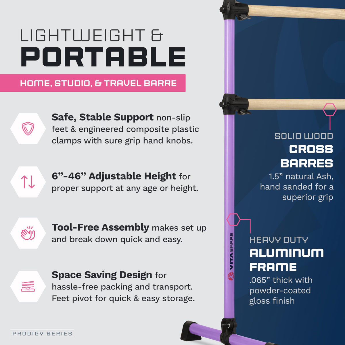 VITA Barre Portable Freestanding Double Ballet Barre, Prodigy, with Carry Bag | Adjustable Height, USA Made, Home or Gym Exercise Equipment for Kids & Adults | Dance, Fitness, Pilates