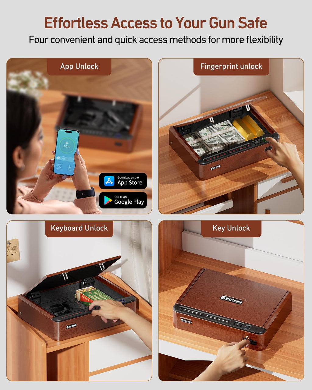 BILLCONCH Smart Gun Safe with Fingerprint, App, Keypad,LCD& Security Cable