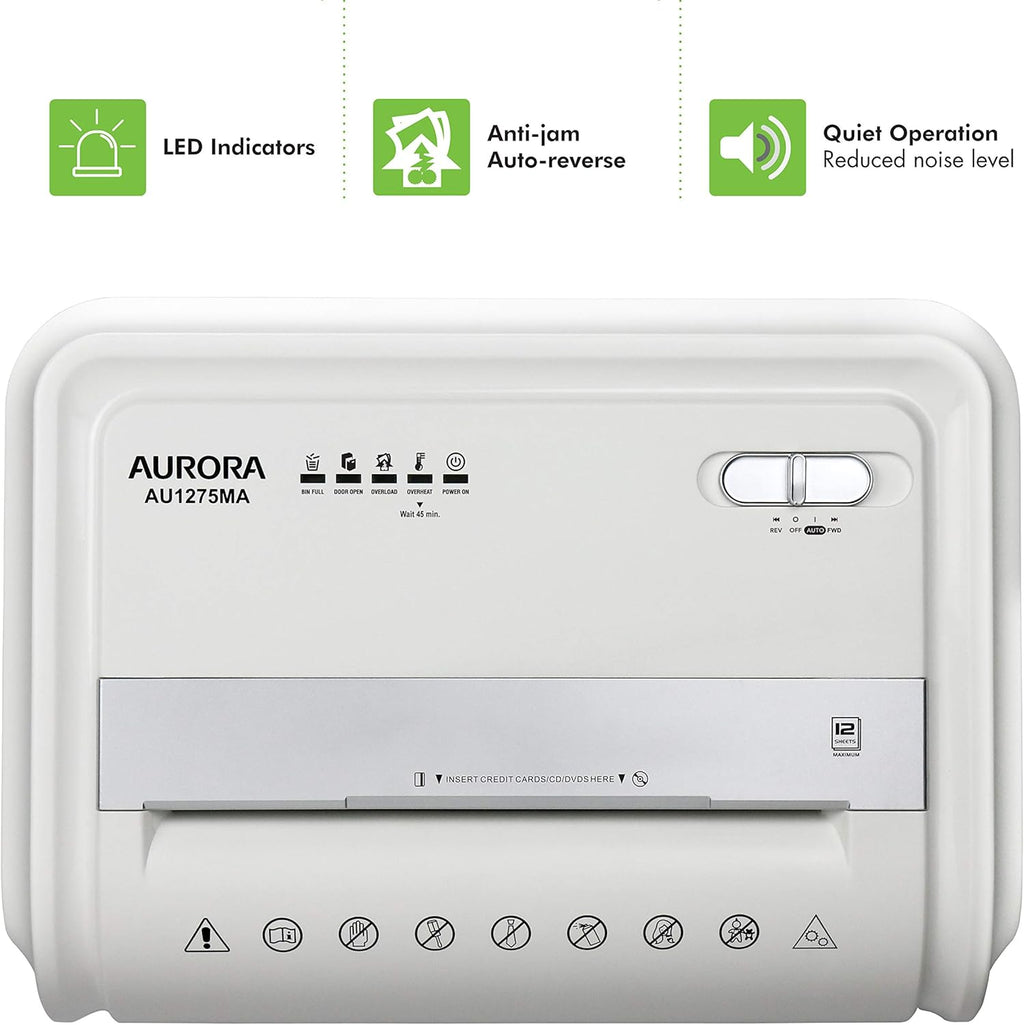 Aurora Professional Grade 12-Sheet Micro-Cut Paper and CD/Credit Card Shredder/ 60 Minutes Continuous Run Time, White/Gray