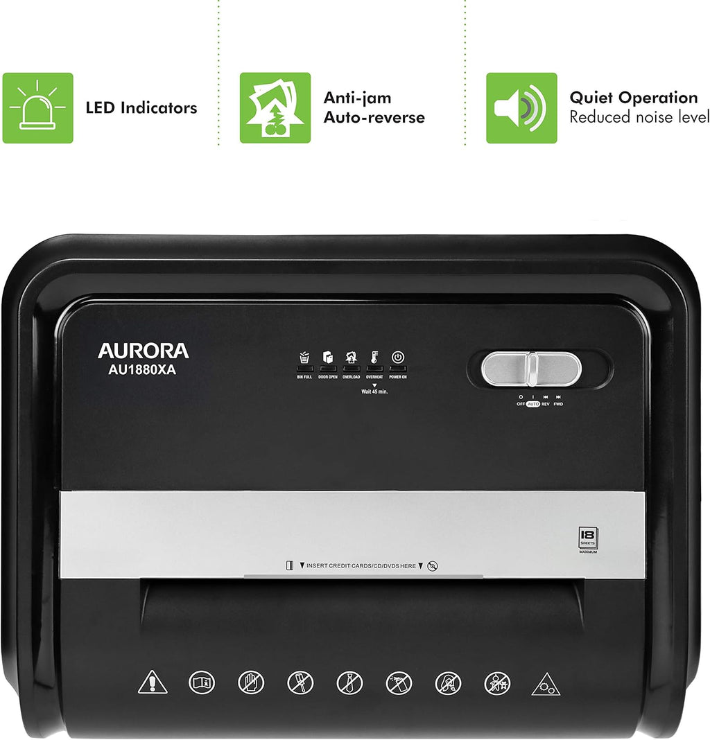 Aurora AU1880XA Heavy Duty Anti-Jam 18-Sheet Crosscut Shredder/60 Min Run Time/ 7-Gallon Pullout Basket and Casters