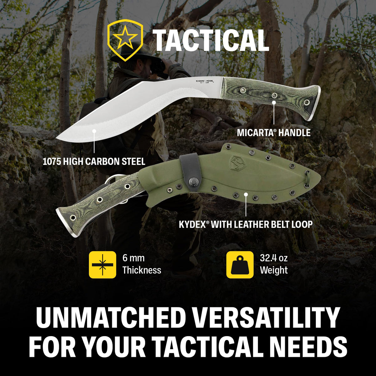 Condor Tool & Knife Atrox Knife | Hunting Knife with Kydex with Leather Belt Loop Sheath | High Carbon Steel Survival Knife with a Micarta Handle | Fixed Blade Tactical Knife | 10.9 in Blade | 29.6oz