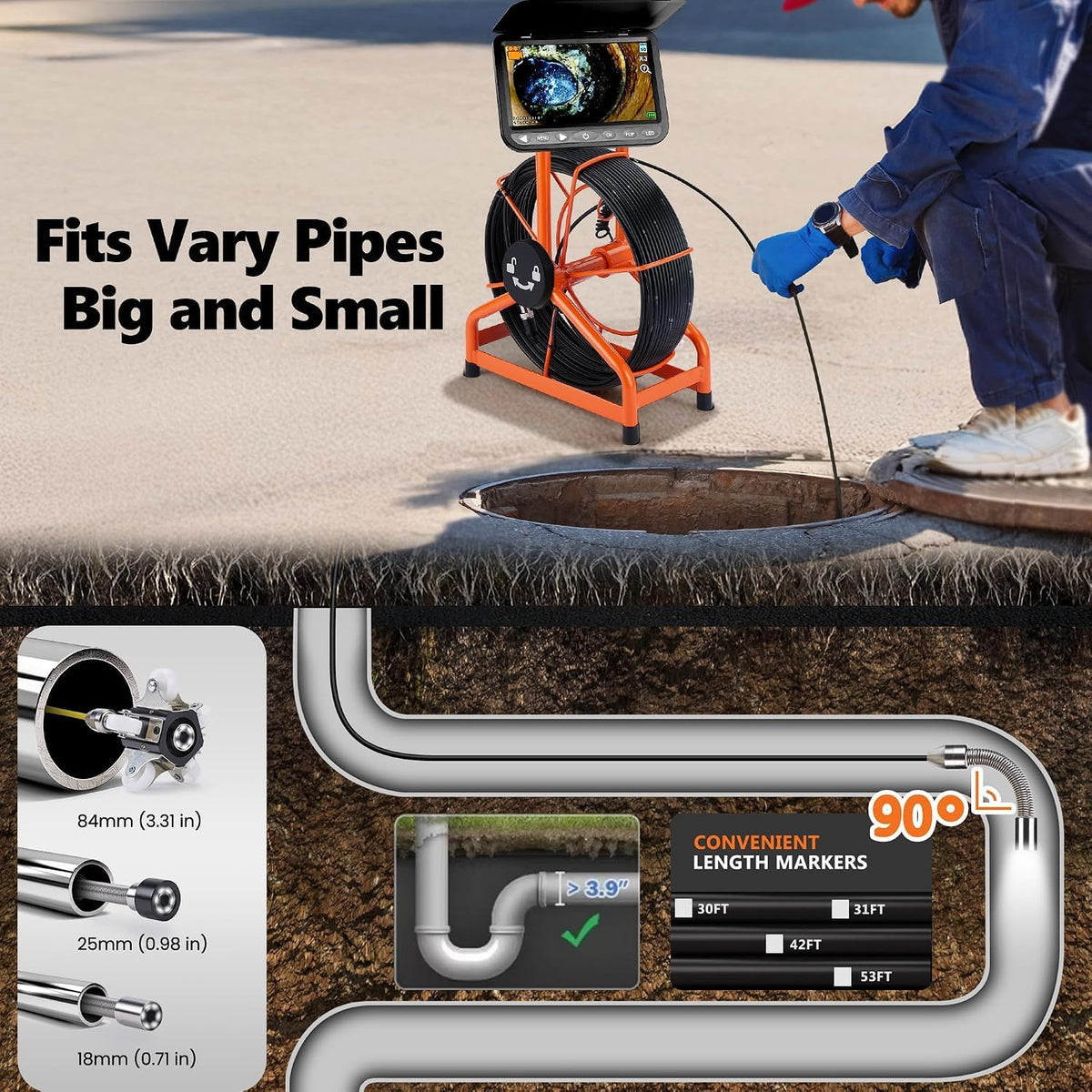 [ChoosePROÂ®] HD1080P Sewer Camera 7'' w/1s Twist-Unlock System, DVR-32GB, 0.64'' Thicker Reel, 5000mAh 100FT Marked Cable, Plumbing Pipe Inspection Camera for Drain & Sewer Inspection