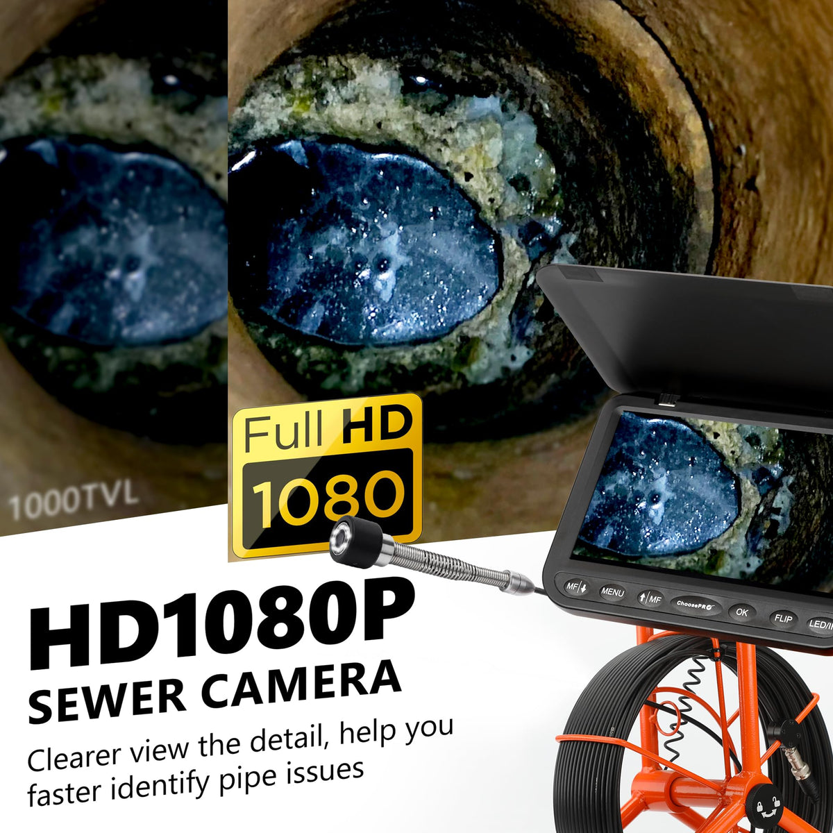[ChoosePROÂ®] HD1080P Sewer Camera 7'' w/1s Twist-Unlock System, DVR-32GB, 0.64'' Thicker Reel, 5000mAh 100FT Marked Cable, Plumbing Pipe Inspection Camera for Drain & Sewer Inspection