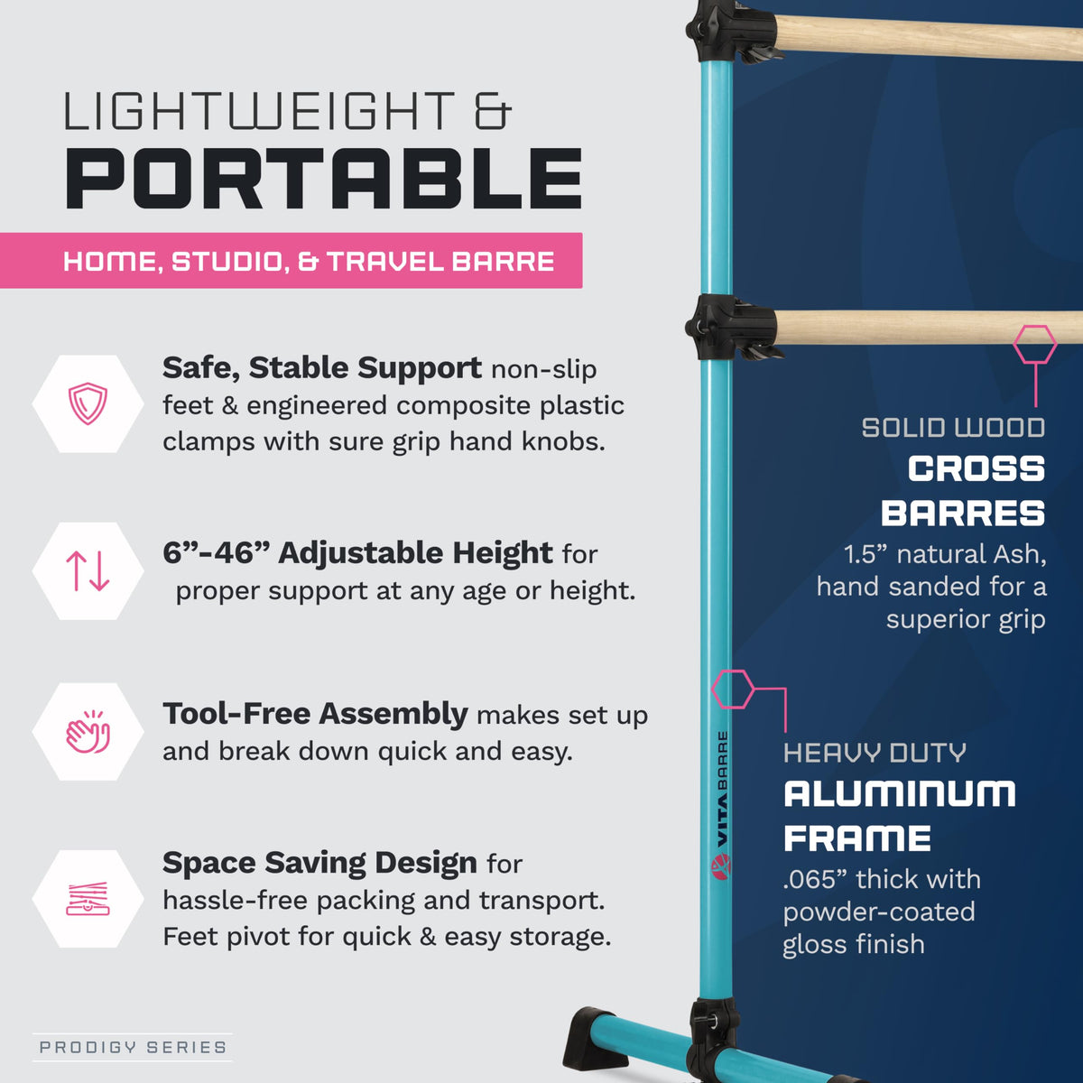 VITA Barre Portable Freestanding Double Ballet Barre, Prodigy, with Carry Bag | Adjustable Height, USA Made, Home or Gym Exercise Equipment for Kids & Adults | Dance, Fitness, Pilates