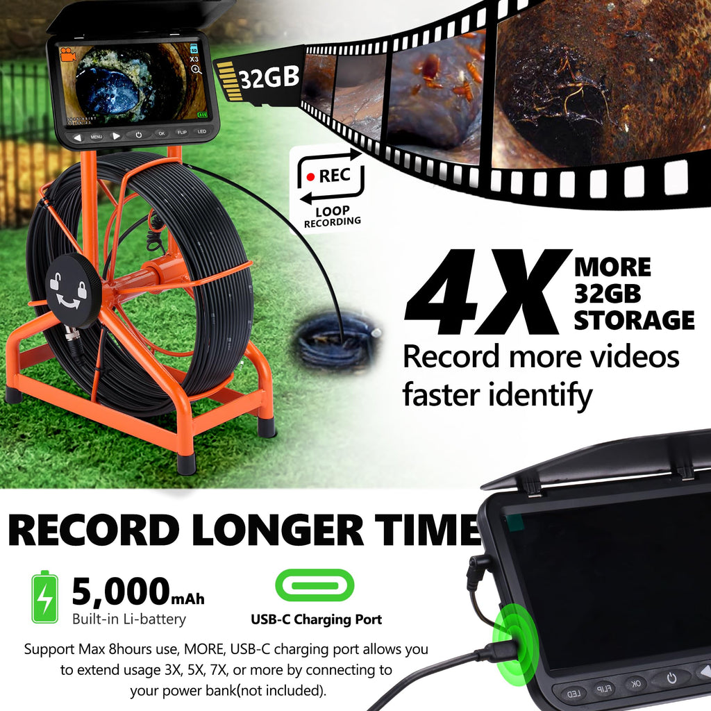 [ChoosePROÂ®] HD1080P Sewer Camera 7'' w/1s Twist-Unlock System, DVR-32GB, 0.64'' Thicker Reel, 5000mAh 100FT Marked Cable, Plumbing Pipe Inspection Camera for Drain & Sewer Inspection
