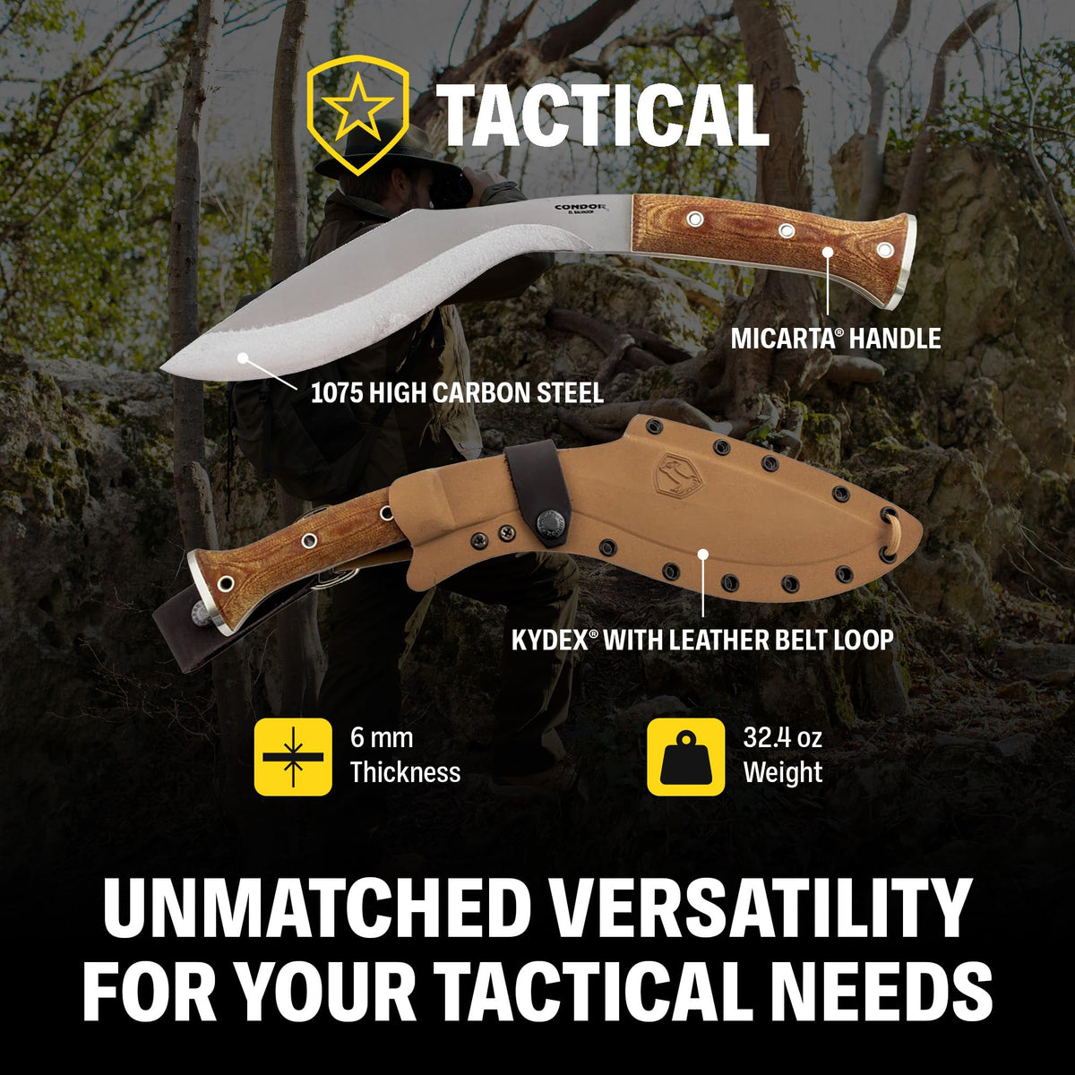 Condor Tool & Knife Atrox Knife | Hunting Knife with Kydex with Leather Belt Loop Sheath | High Carbon Steel Survival Knife with a Micarta Handle | Fixed Blade Tactical Knife | 10.9 in Blade | 29.6oz