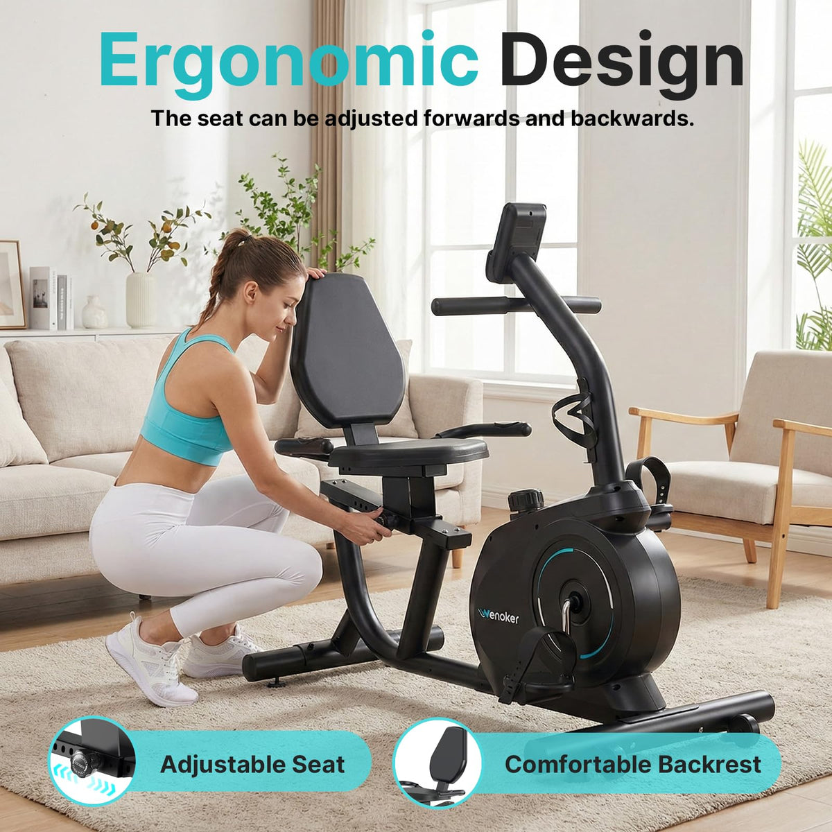 Wenoker Recumbent Exercise Bike for Home, Quiet Magnetic Stationary Bike with Bluetooth APP Connectivity, 15-Level Magnetic Resistance, Adjustable Seat, LCD Monitor, Indoor Cycling Bike, 350 LB Capacity