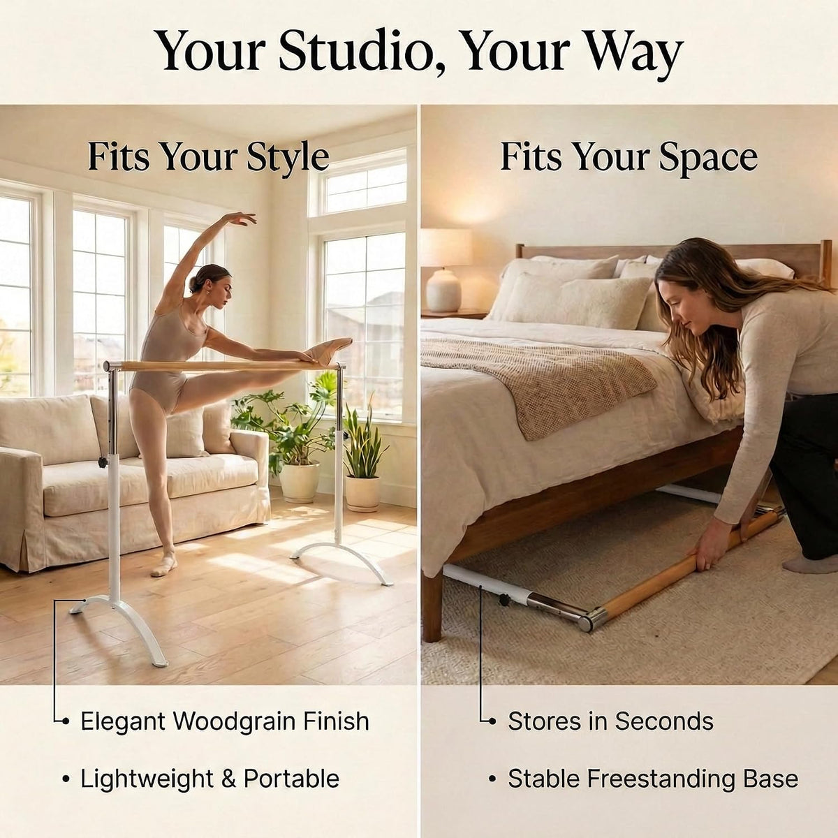 Ballet Barre Portable for Home or Studio, Freestanding Adjustable Bar for Stretch, Balance, Pilates, Dance or Active Workouts, Single or Double Bar, Kids and Adults