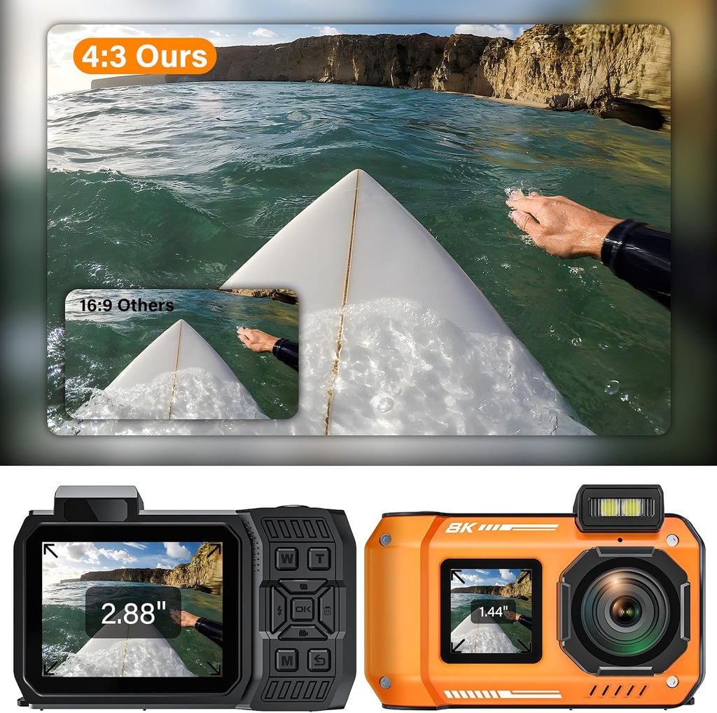 8K Underwater Camera, 33FT Waterproof Camera, 70MP WiFi Dual-Screen, Rugged