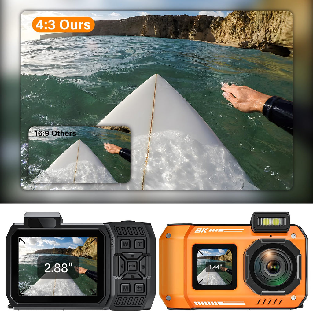 8K Underwater Camera, 33FT Waterproof Camera, 70MP WiFi Dual-Screen, Rugged