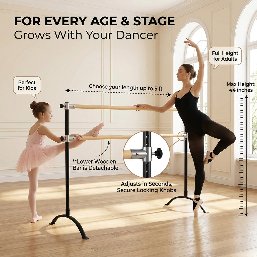 Artan Balance Ballet Barre for Home and Studio Bundle + Portable Marley Dance Floor + Stretching Strap