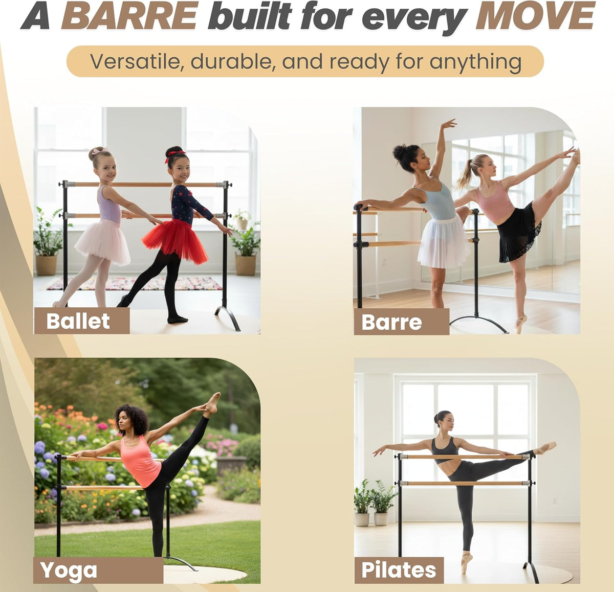 Artan Balance Ballet Barre for Home and Studio Bundle + Portable Marley Dance Floor + Stretching Strap