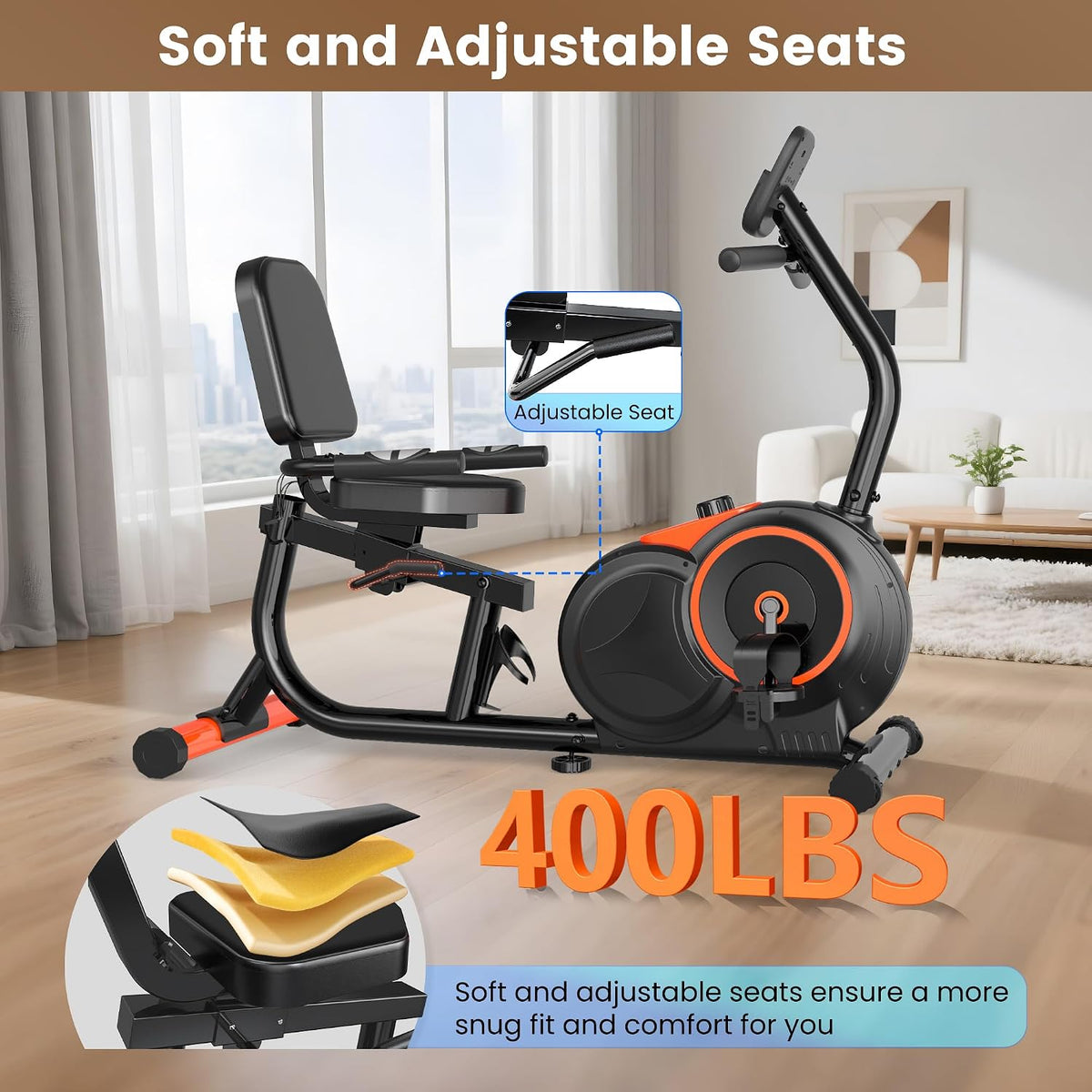Pooboo Recumbent Exercise Bike for Home Use, 400 LBS Capacity Magnetic Stationary Bike, 16 Level Resistance, Quiet Recumbent Bike with Adjustable Soft Seat & LCD Monitor for Seniors