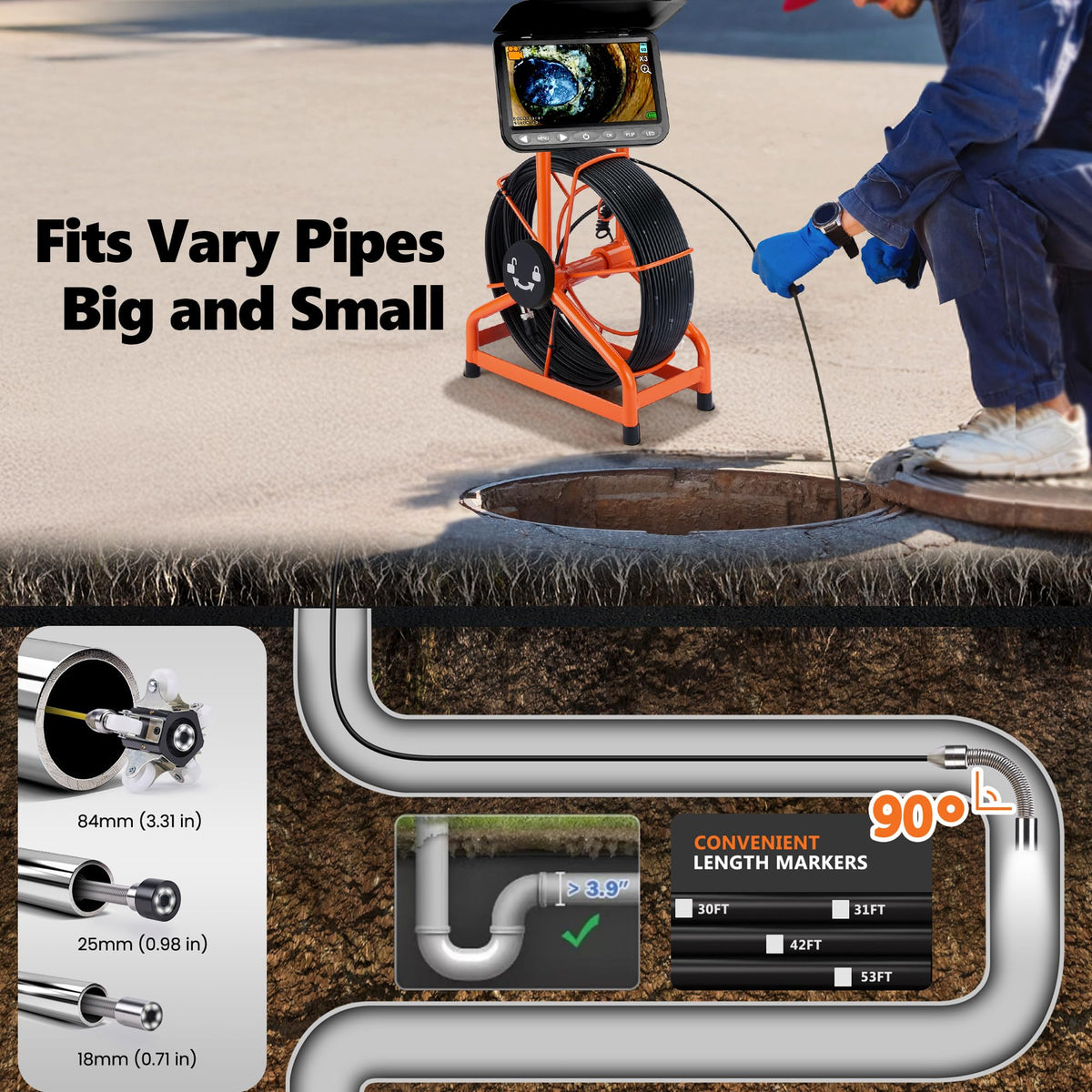 [ChoosePROÂ®] HD1080P Sewer Camera 7'' w/1s Twist-Unlock System, DVR-32GB, 0.64'' Thicker Reel, 5000mAh 100FT Marked Cable, Plumbing Pipe Inspection Camera for Drain & Sewer Inspection