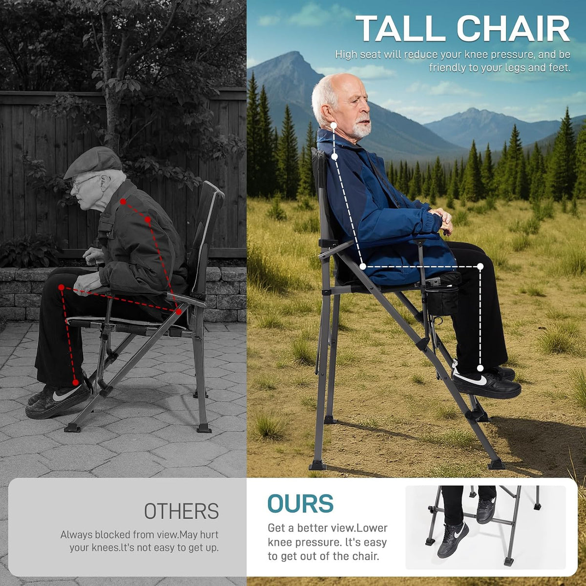EVER ADVANCED Tall Director Chair 31" Foldable Camping with Carry Bag Black