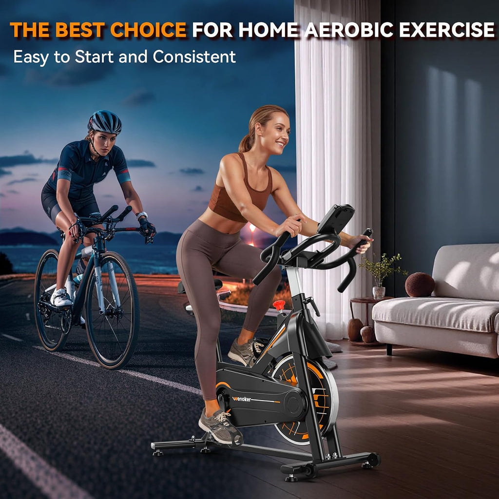 Exercise Bike, Wenoker Stationary Bike for Home, App Supported Indoor Bike with Adjustable Seat and Multi-grips Handlebar