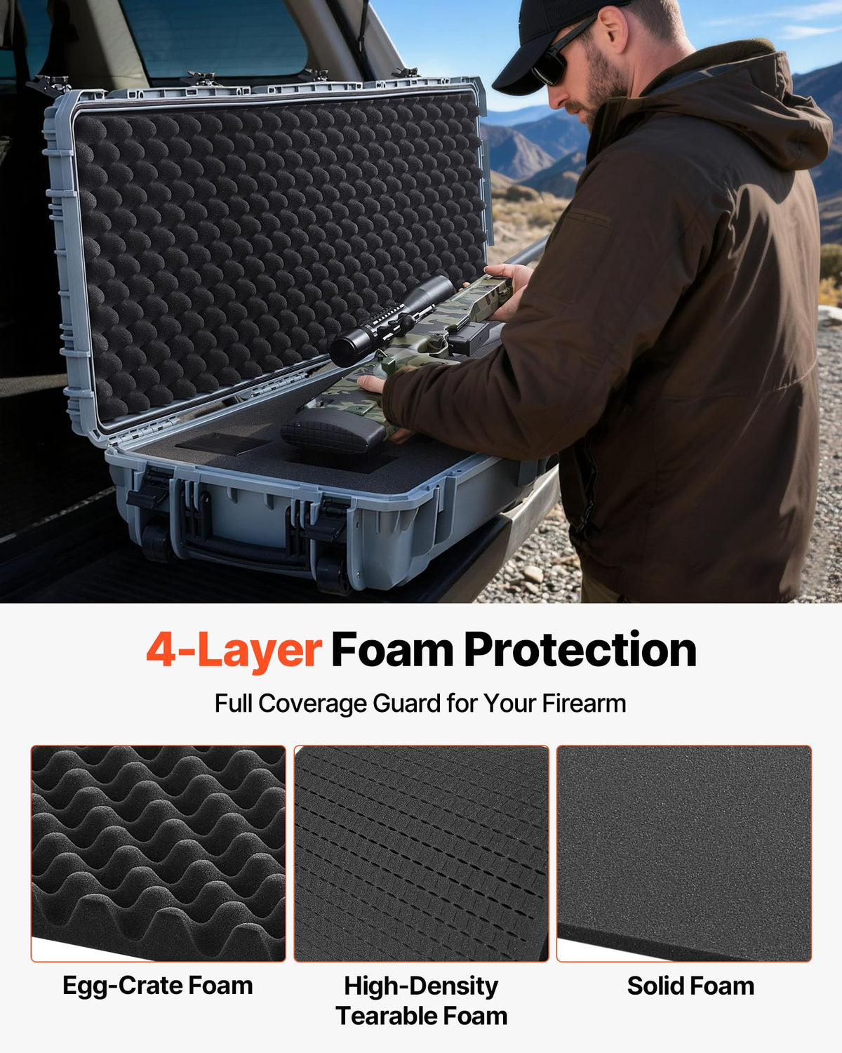 VEVOR Rifle Case, Rifle Hard Case with 4 Layers Fully-protective Foams, Lockable Hard Gun Case with Wheels, IP67 Waterproof & Crushproof, for Rifles or Shotguns