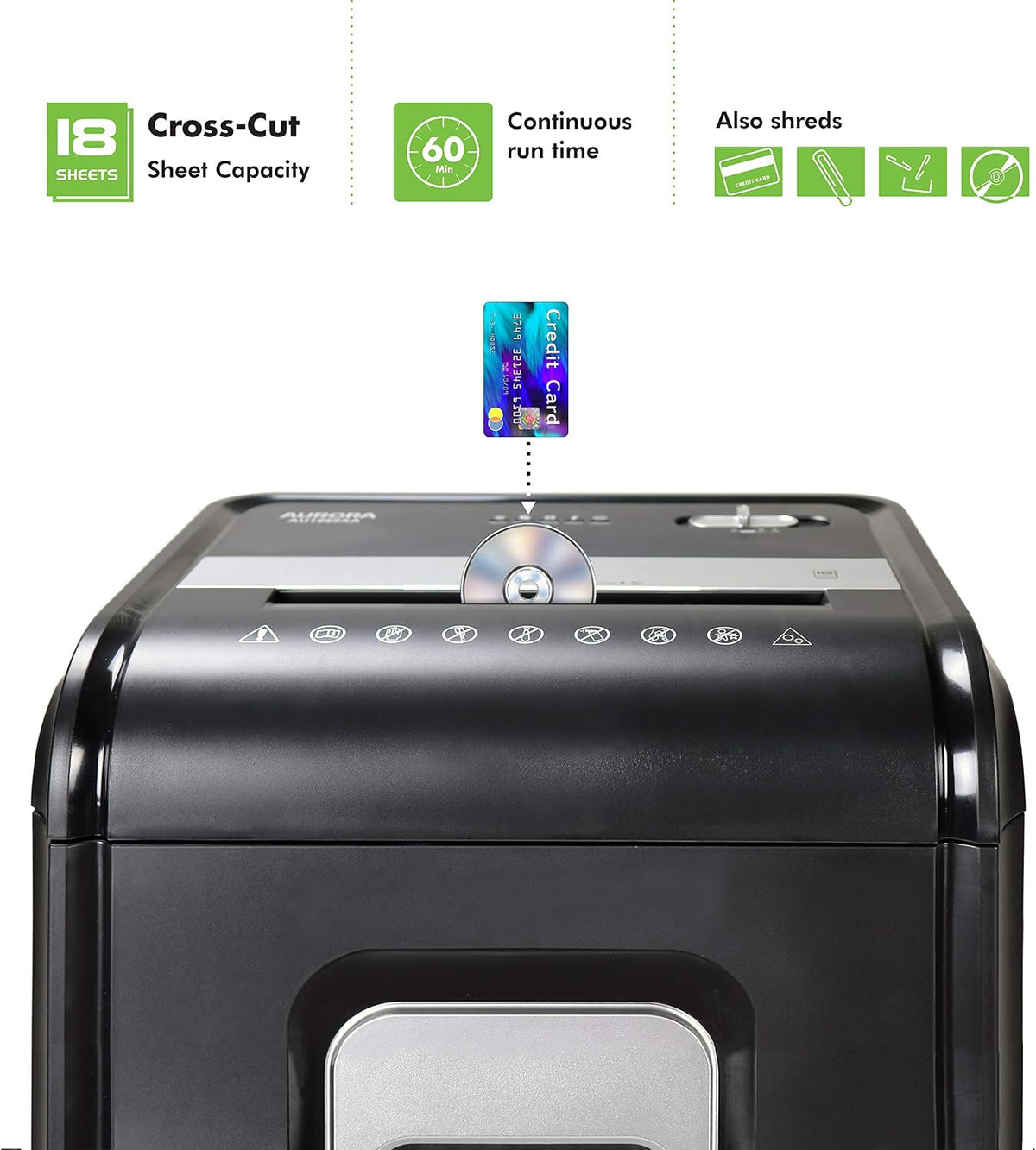 Aurora AU1880XA Heavy Duty Anti-Jam 18-Sheet Crosscut Shredder/60 Min Run Time/ 7-Gallon Pullout Basket and Casters