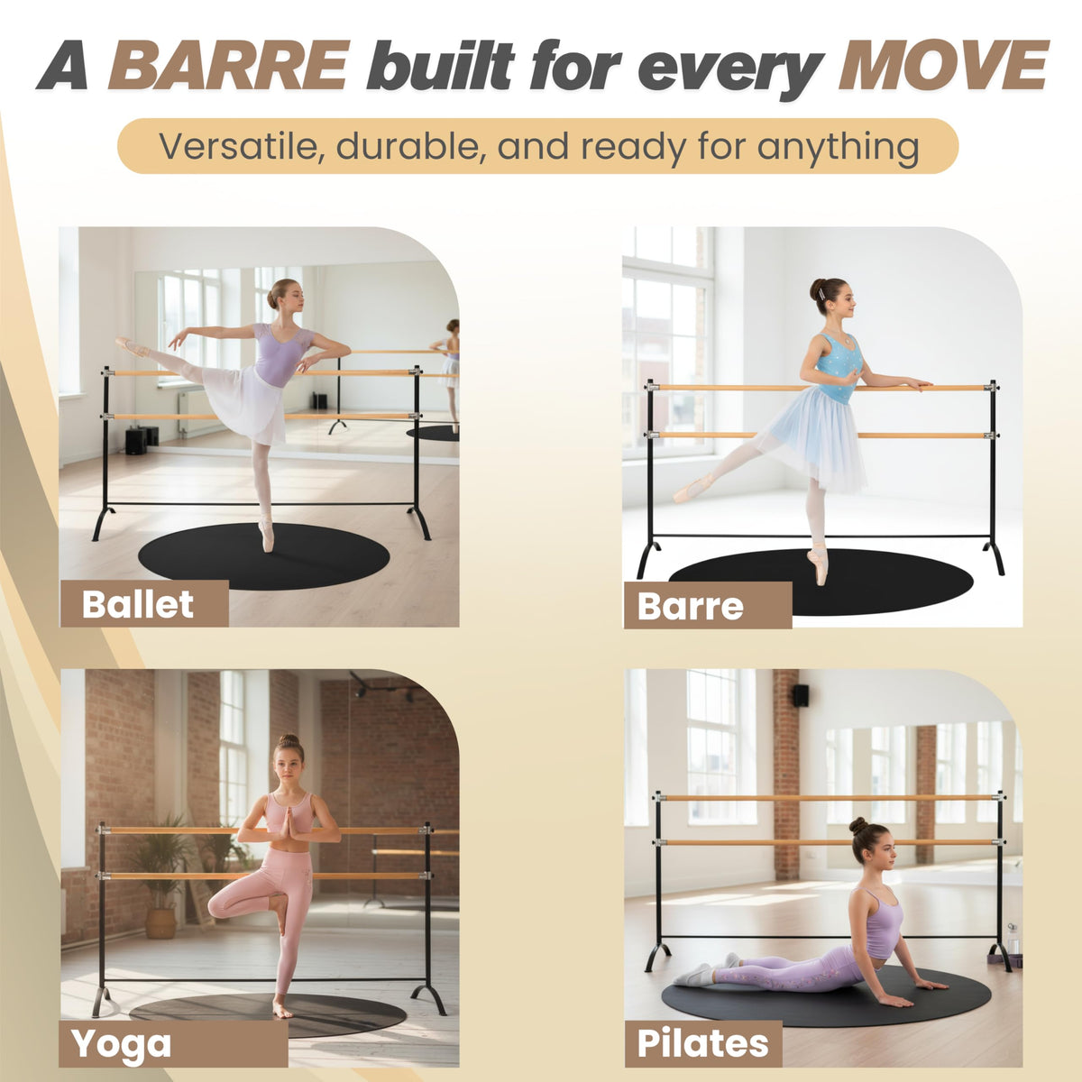 Artan Balance Ballet Barre for Home and Studio Bundle + Portable Marley Dance Floor + Stretching Strap