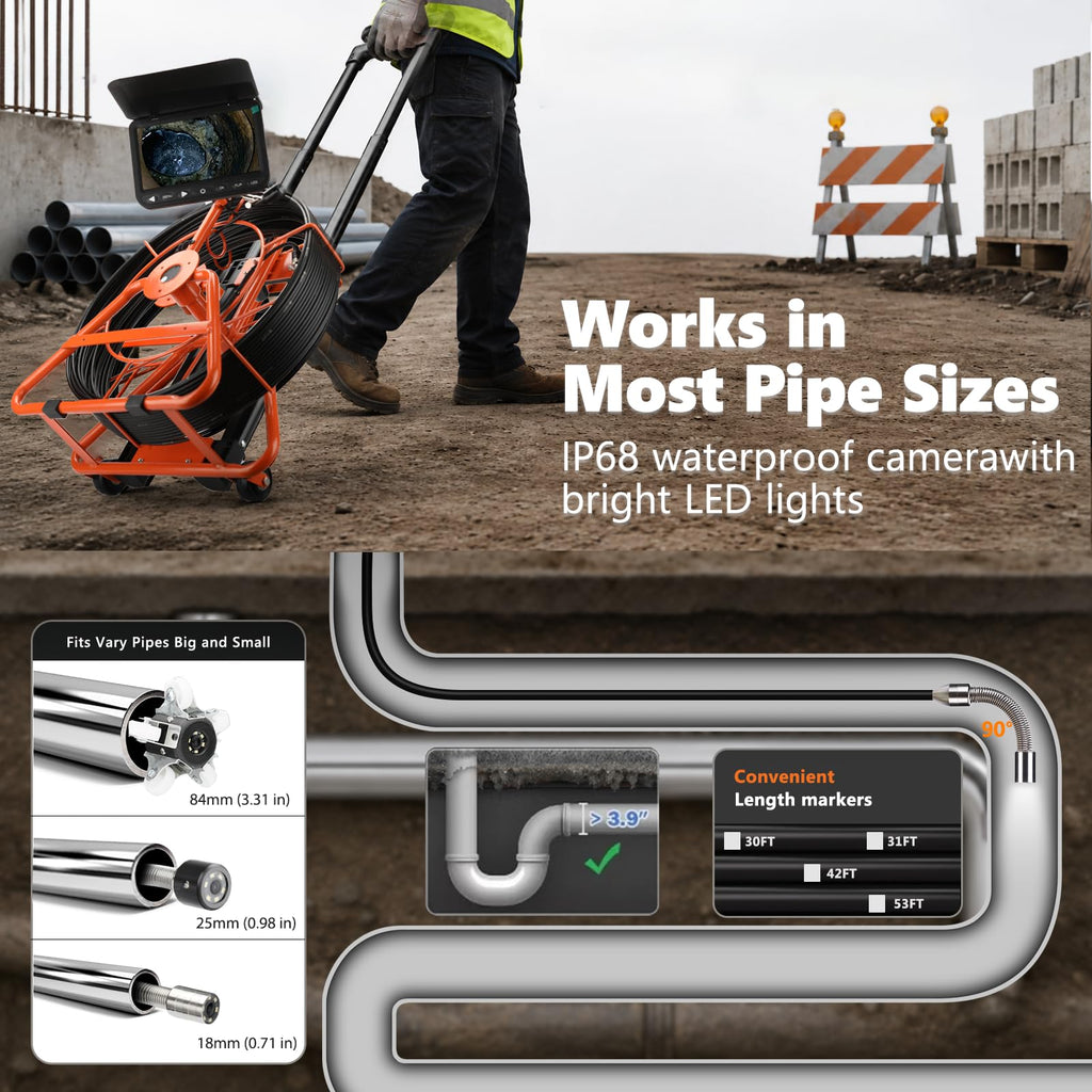 [ChoosePROÂ®] HD1080P Sewer Camera 7'' w/1s Twist-Unlock System, DVR-32GB, 0.64'' Thicker Reel, 5000mAh 100FT Marked Cable, Plumbing Pipe Inspection Camera for Drain & Sewer Inspection