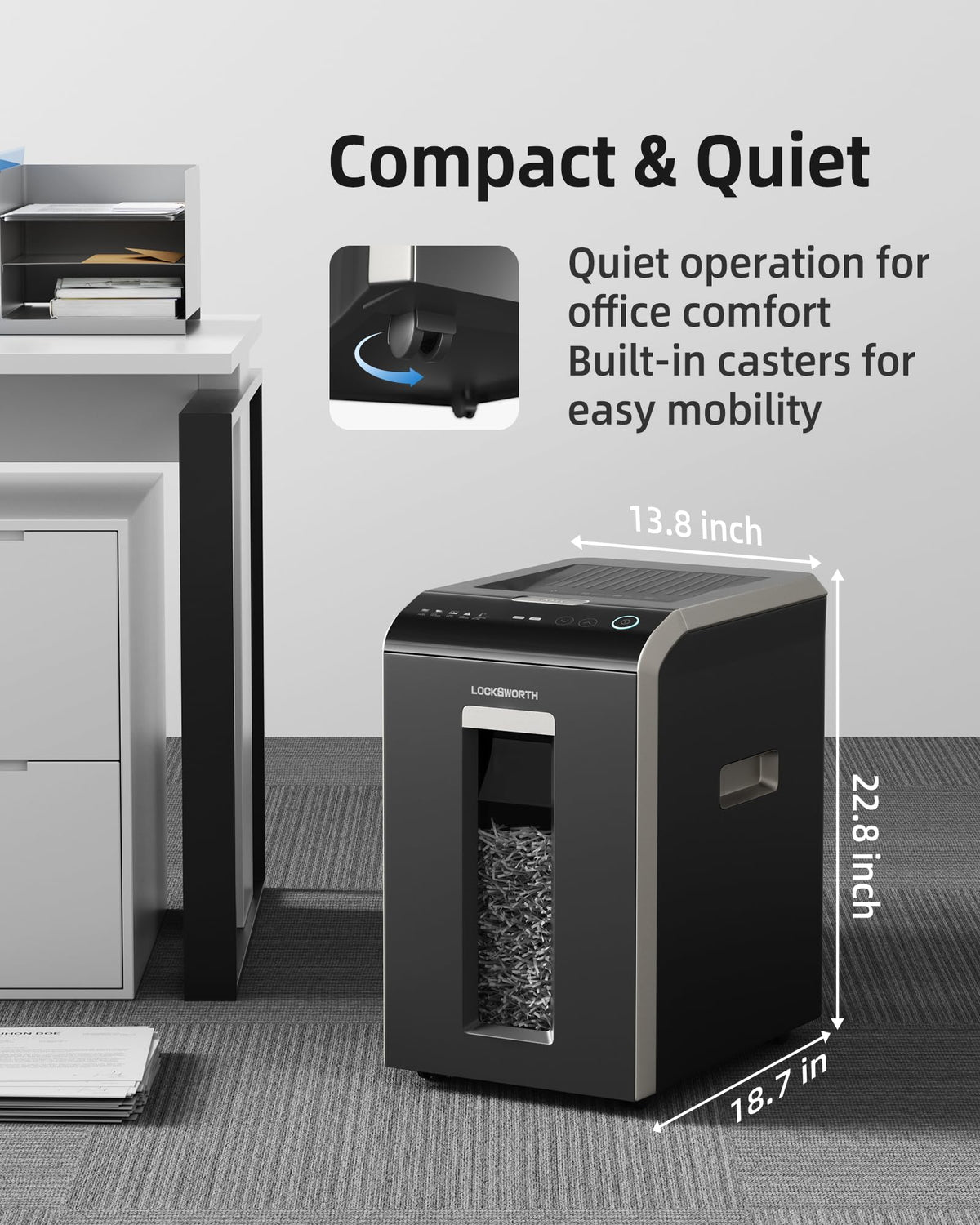 Locksworth 110-Sheet Micro Cut Shredder for Home Office, 6.9 Gallons Bin P-4 High Security Paper Shredder for Credit Card, Staple, Clip, Heavy Duty Commercial Shredders with Casters