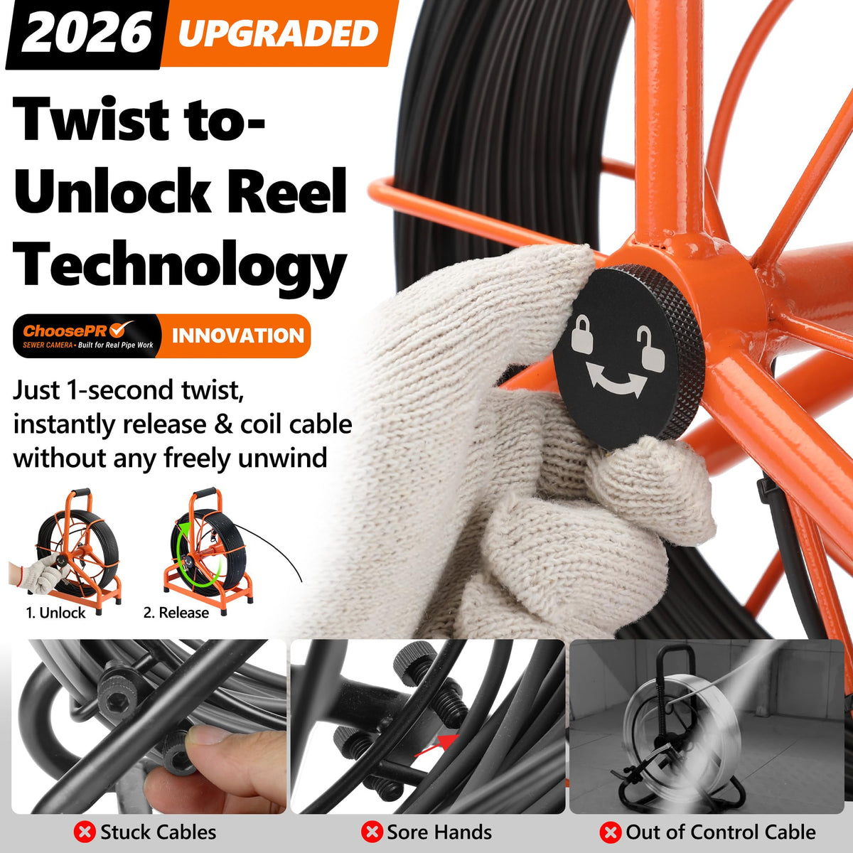 [ChoosePROÂ®] HD1080P Sewer Camera 7'' w/1s Twist-Unlock System, DVR-32GB, 0.64'' Thicker Reel, 5000mAh 100FT Marked Cable, Plumbing Pipe Inspection Camera for Drain & Sewer Inspection