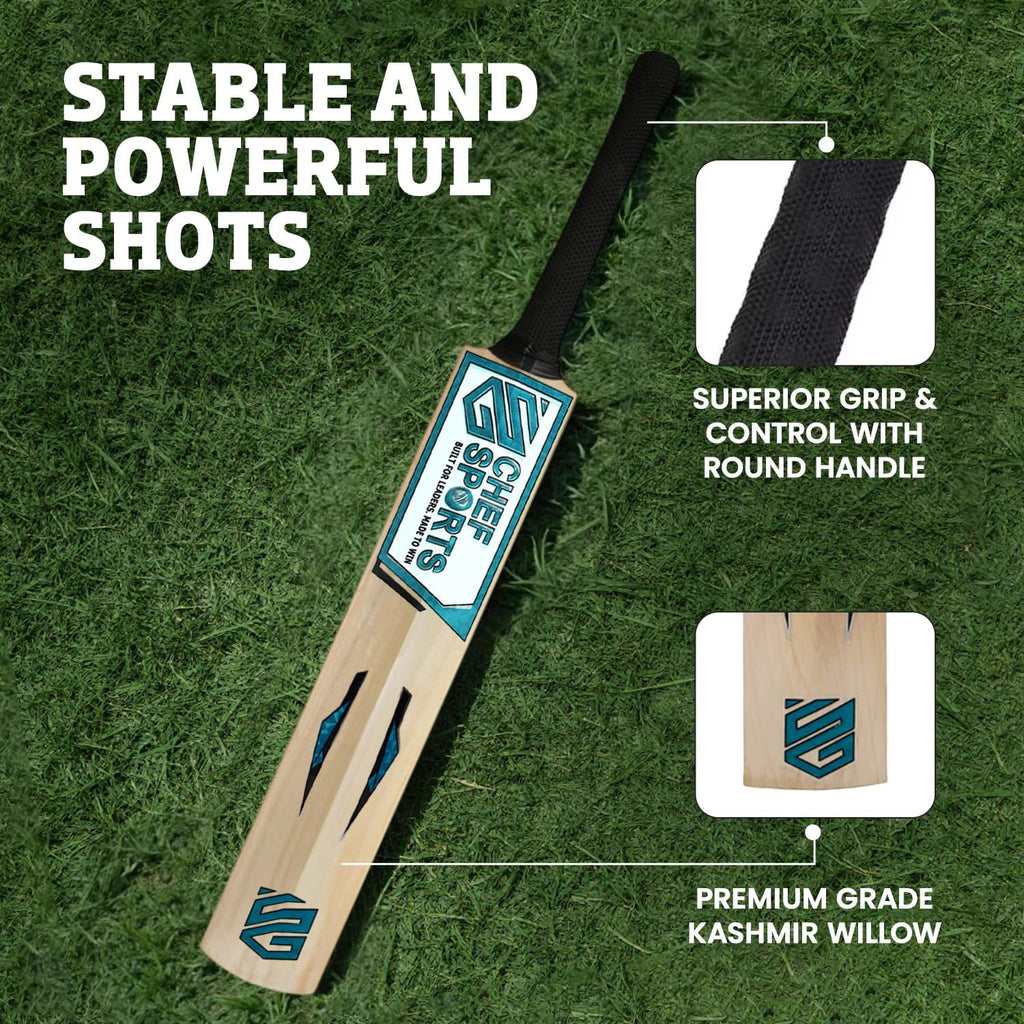 Chef Sports Action Kashmir Willow Cricket Bat Grade 1 | Premium Grade 1 Kashmir Willow | Thick Edges & Big Sweet Spot for Powerful Stroke Play | Balanced Weight for Control & Timing | Season Ball Bat