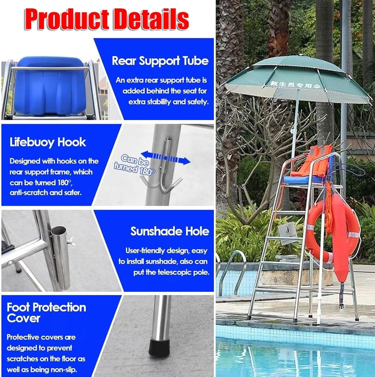 47/59/71 in Tall Stainless Steel Lifeguard Chair Loads 660 LBS, Referee Chair Stand, Outdoor Life Guard Chairs with Umbrella Holder for Deck Pool Bar Beach(120cm/3.94ft Tall)