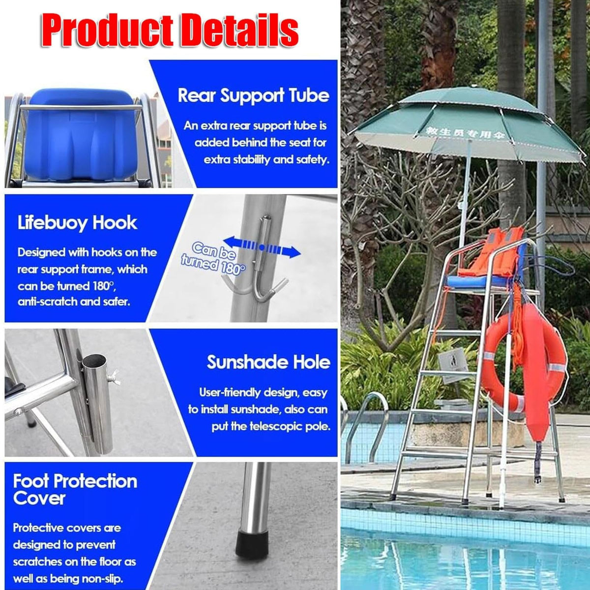47/59/71 in Tall Stainless Steel Lifeguard Chair Loads 660 LBS, Referee Chair Stand, Outdoor Life Guard Chairs with Umbrella Holder for Deck Pool Bar Beach(120cm/3.94ft Tall)