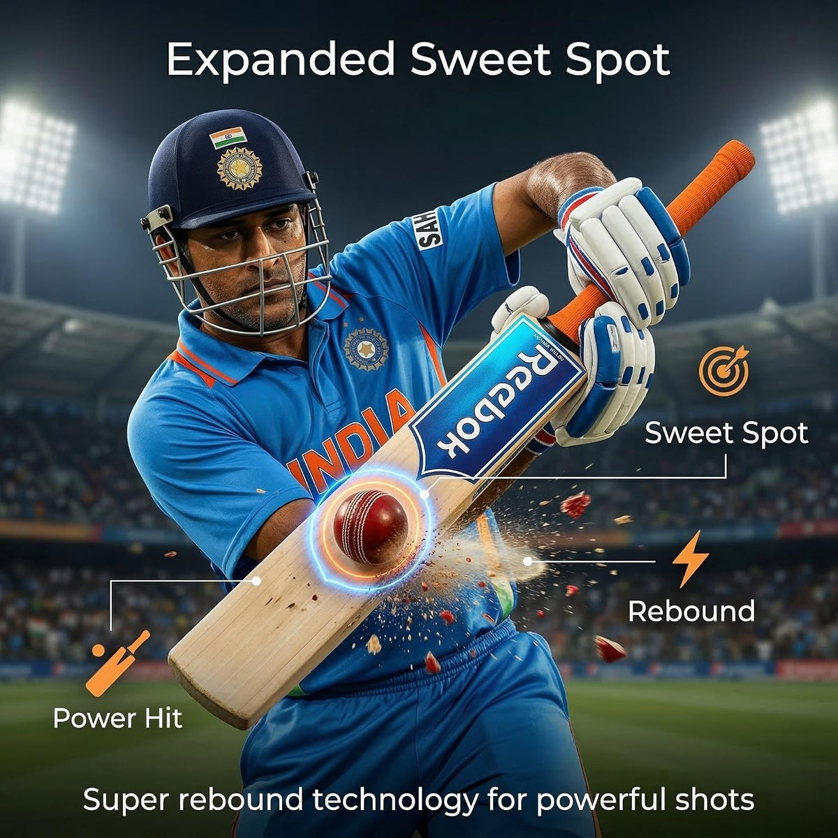 REEBOK Super Drive (, Leather Bat) SH Kashmir Willow Cricket Bat for 15+ Yrs (1100 g) Bat Grip and Sticker May Vary Based on Availability