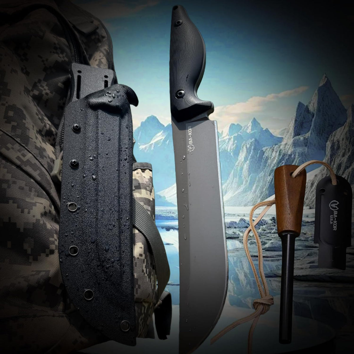 BA-KOR 5MM (9CR18MOV) steel 12.8'' full tang Hunting knife +K sheathing &5.9" cerium igniter can be used outdoors for outdoor hunting, camping, obstacle clearing, wood chopping, BBQ, fishing, kitchen cutting, EDC tools, gifts (G10 Black-C, Inches, 12.8)