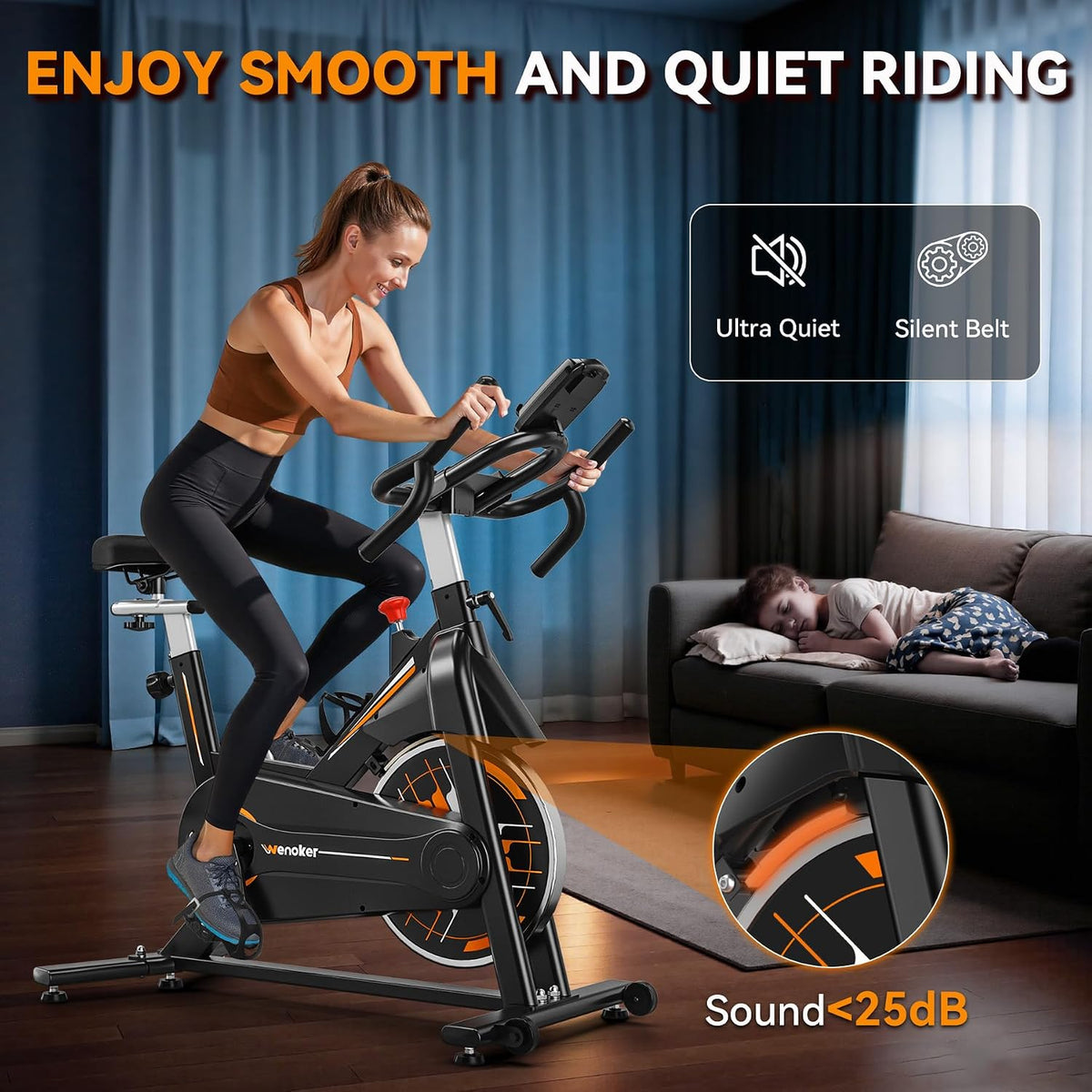 Exercise Bike, Wenoker Stationary Bike for Home, App Supported Indoor Bike with Adjustable Seat and Multi-grips Handlebar