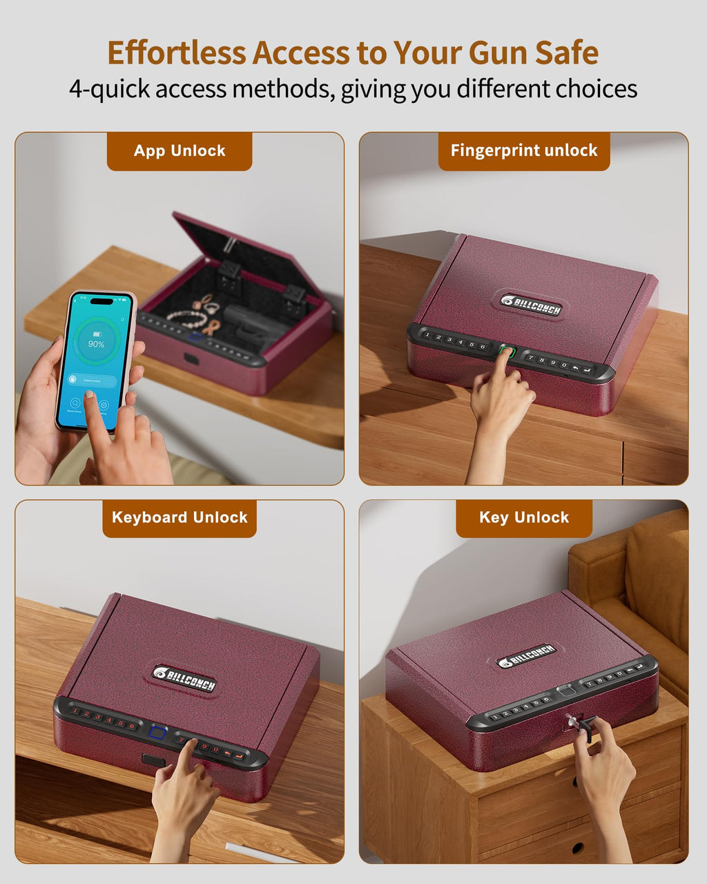 BILLCONCH Smart Gun Safe with Fingerprint, App, Keypad,LCD& Security Cable