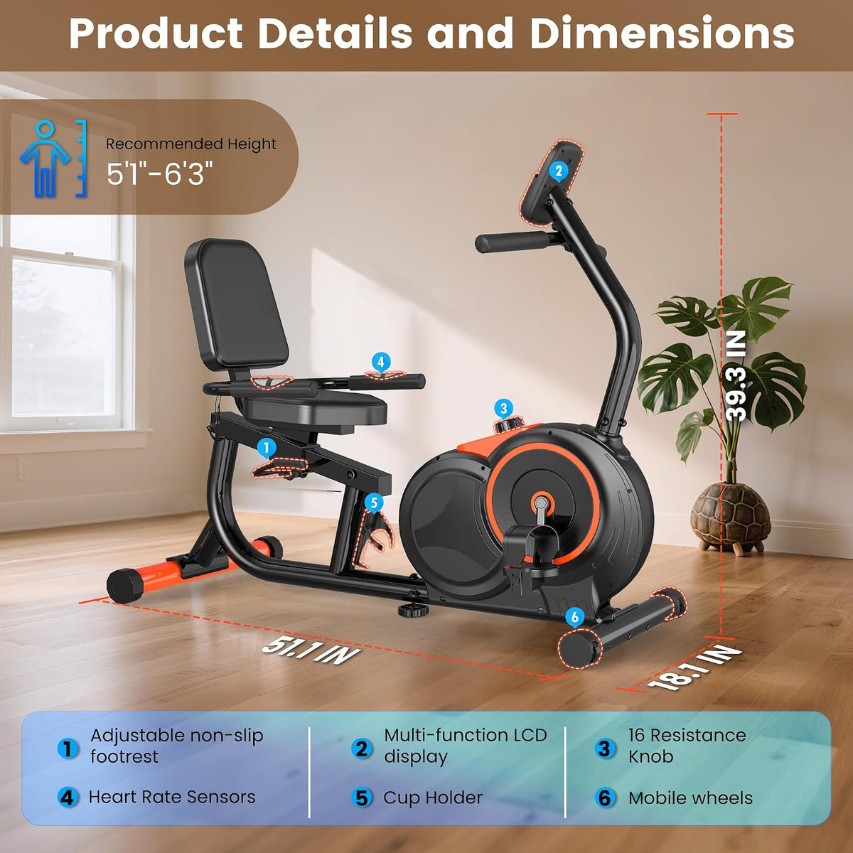 Pooboo Recumbent Exercise Bike for Home Use, 400 LBS Capacity Magnetic Stationary Bike, 16 Level Resistance, Quiet Recumbent Bike with Adjustable Soft Seat & LCD Monitor for Seniors