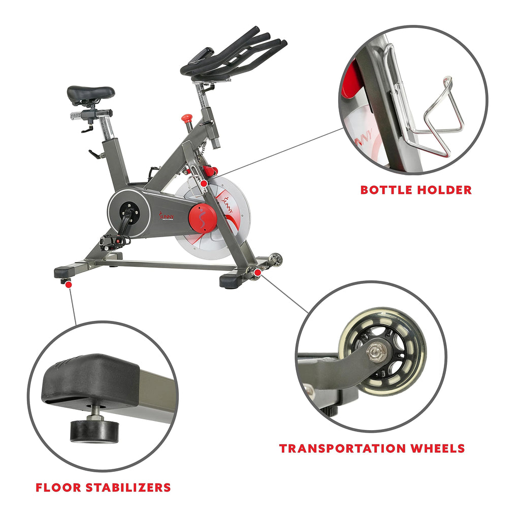 Sunny Health & Fitness Magnetic Exercise Bike, 44LB Flywheel & 300LB Weight Capacity for Intensive Home Workout, Indoor Cardio Training w/4-Way Adjustable Seat, Optional Free SunnyFit App Connection