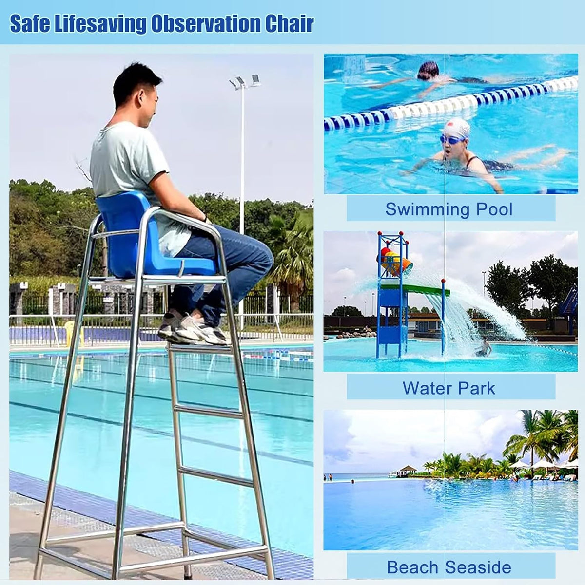 304 Stainless Steel Lifeguard Chair W/Comfortable Seat & Umbrella, Beach Sandy Tennis/Volleyball Referee Stand Chair, Portable Tall Life Guard Deck Chairs/Bar Stool(47in/3.9ft/1.2m)