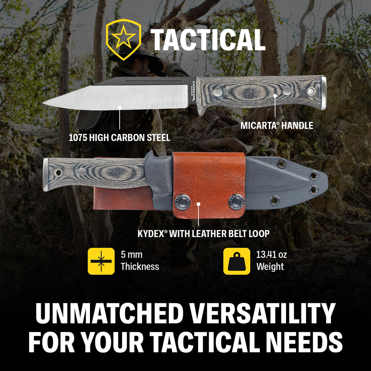 Condor Tool & Knife Atrox Knife | Hunting Knife with Kydex with Leather Belt Loop Sheath | High Carbon Steel Survival Knife with a Micarta Handle | Fixed Blade Tactical Knife | 10.9 in Blade | 29.6oz