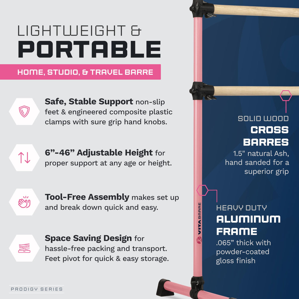 VITA Barre Portable Freestanding Double Ballet Barre, Prodigy, Wood | Adjustable Height, USA Made, Home or Gym Exercise Equipment for Kids & Adults | Dance, Fitness, Pilates